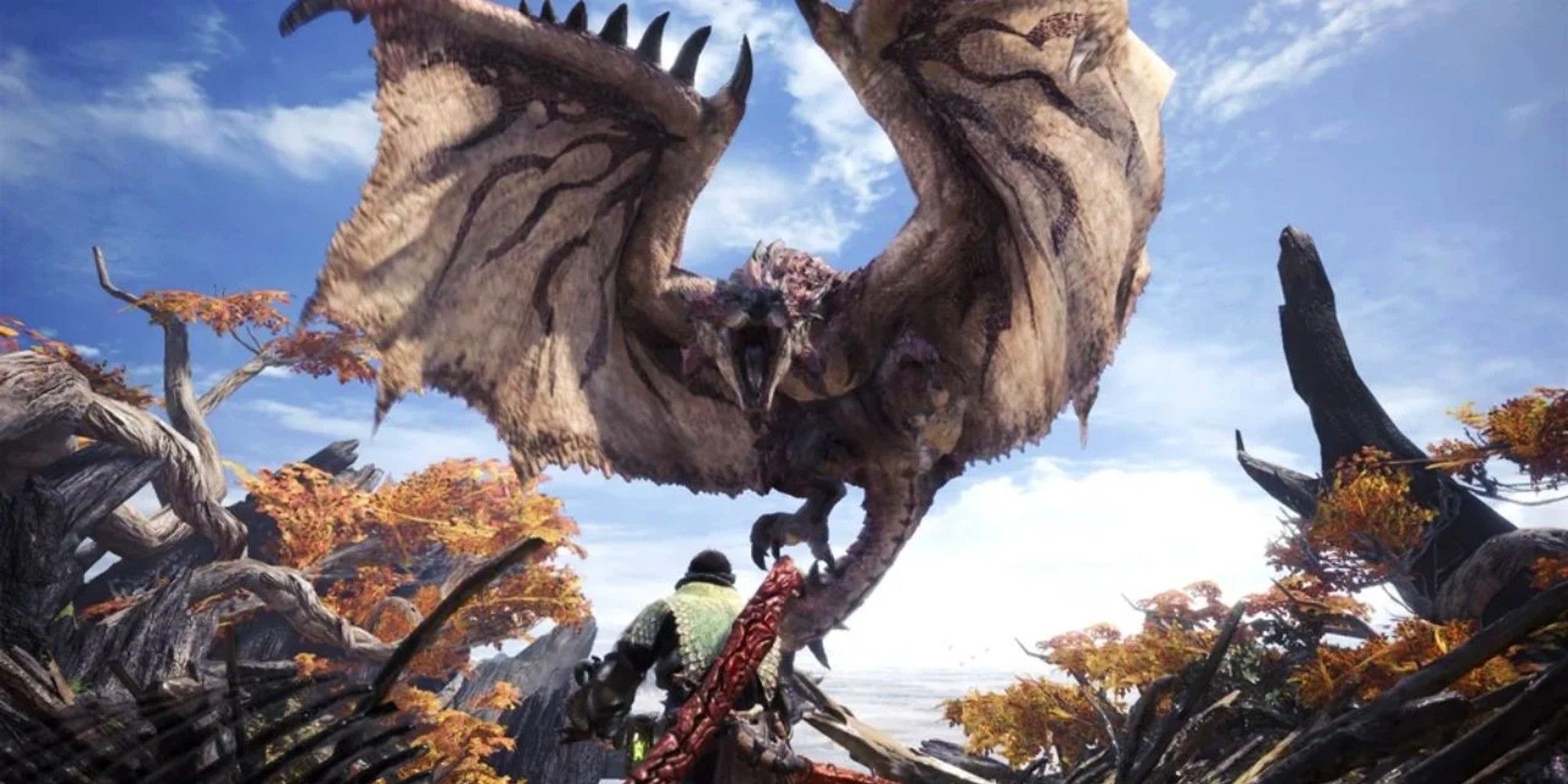Rathalos spreads his wings and roars in Monster Hunter World