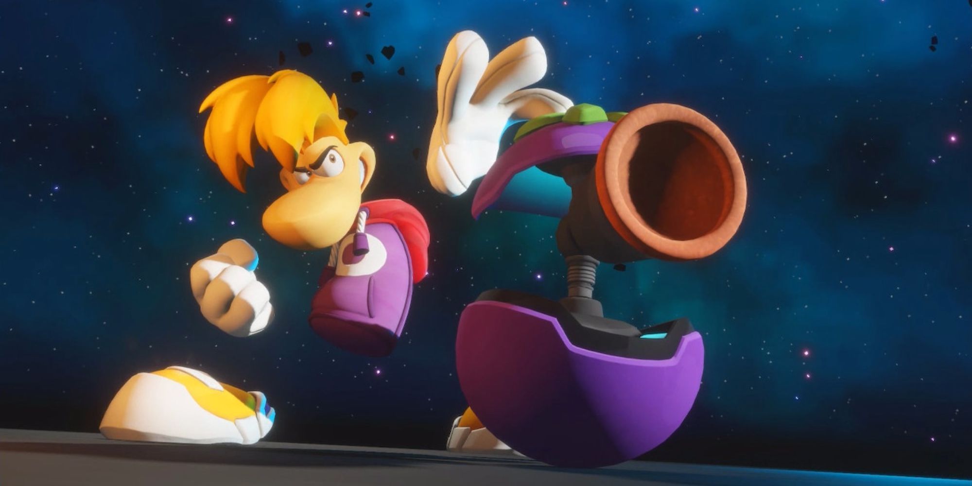 Rayman wielding a plum turret gun in Sparks of Hope's DLC.