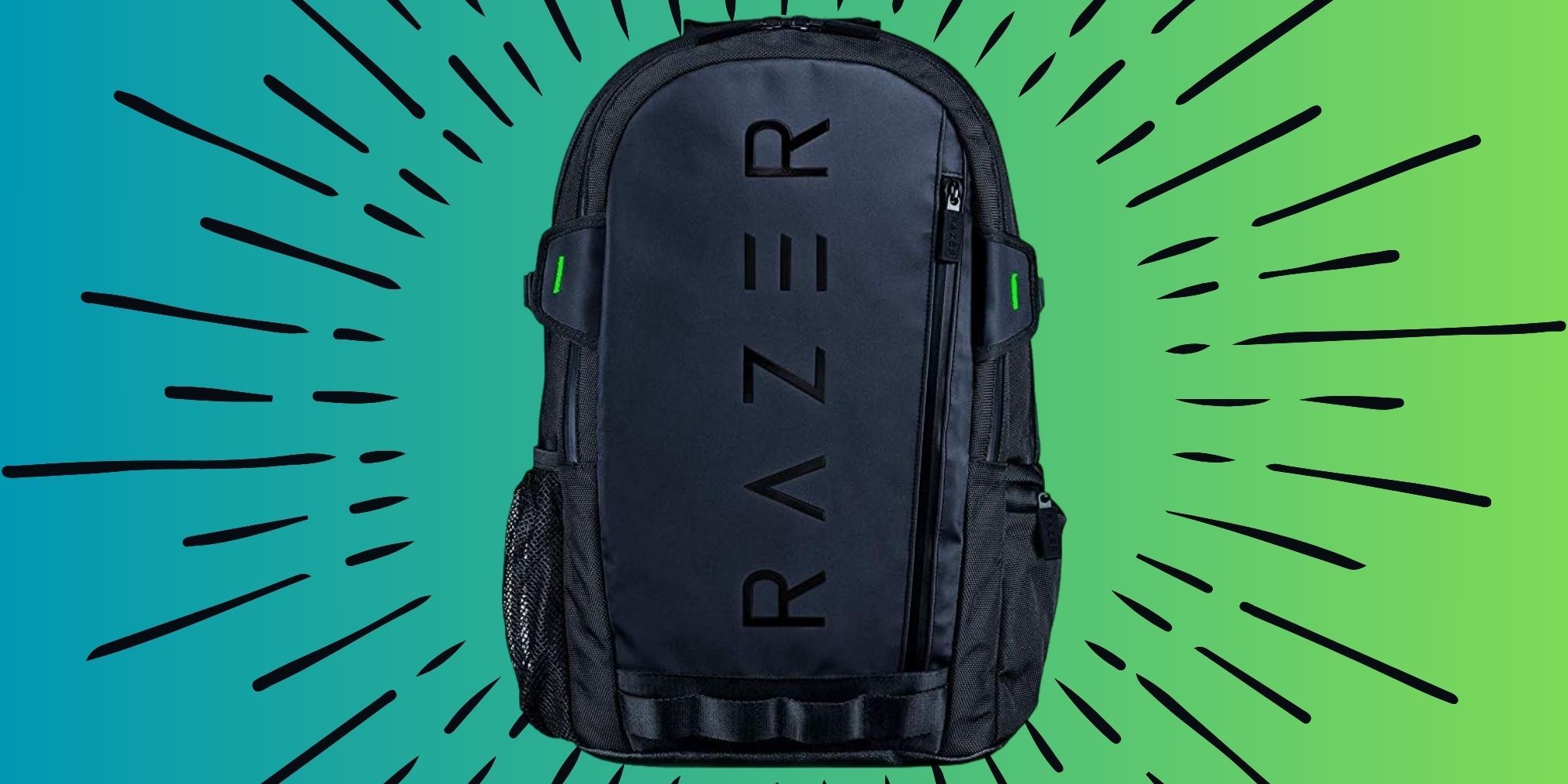 Razer backpack with blue and green background 