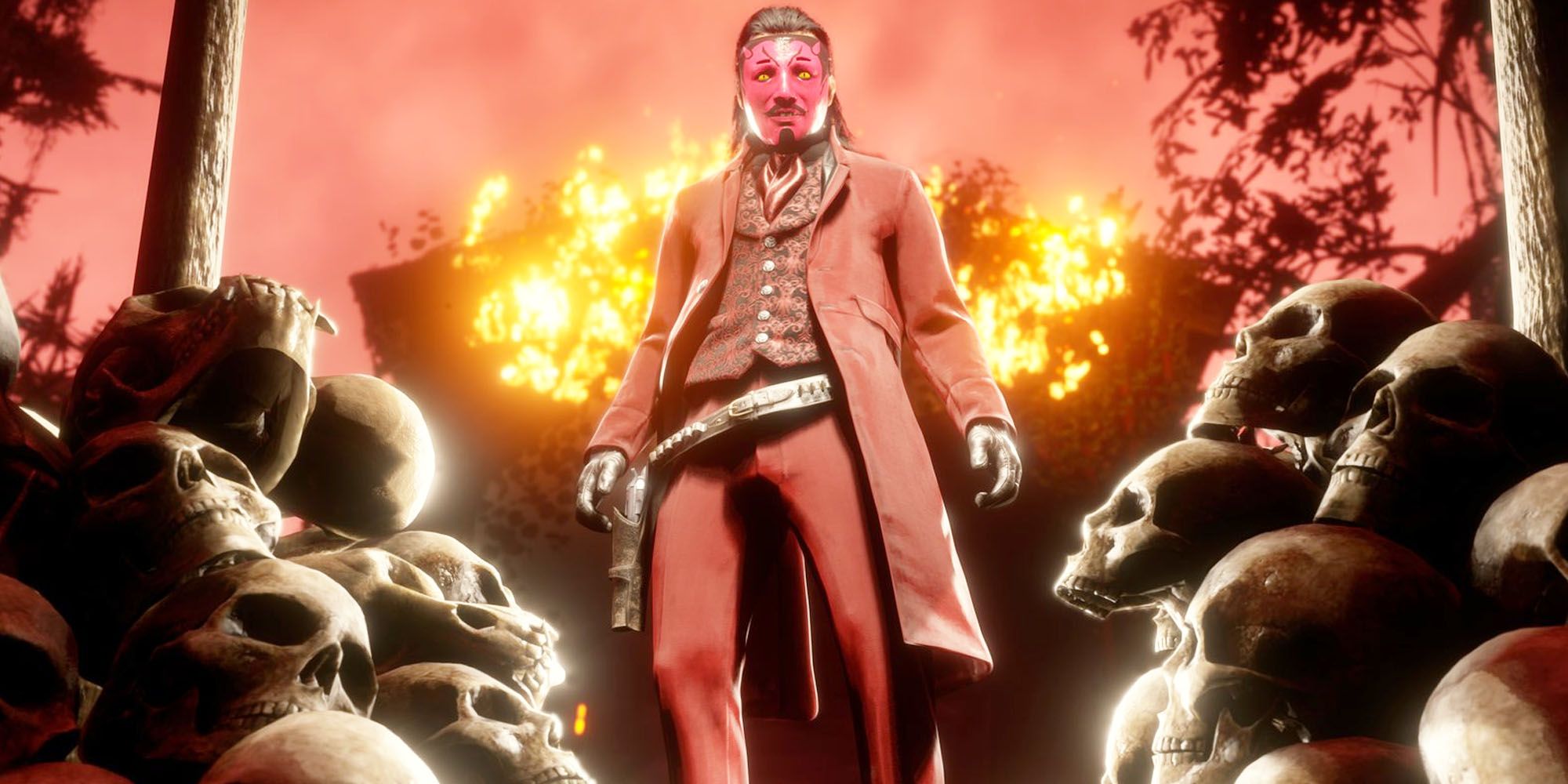 Red Dead Online community-made Halloween outfit, man in a red suit with a Japanese mask in front of a burning building with skulls mounting to his left and right