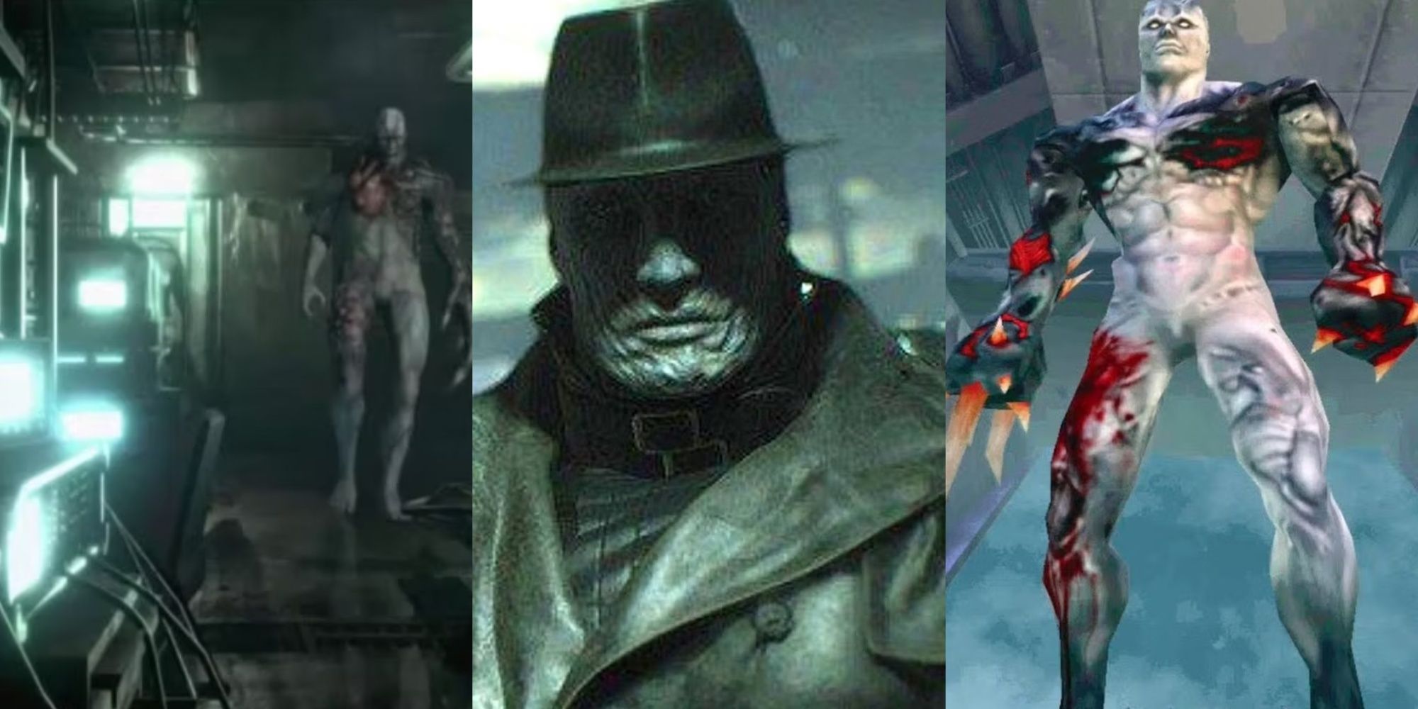 Resident Evil Tyrants the T-002 from the original Resident Evil, a close-up of Mr. X from Resident Evil 2 Remake, and the Tyrant from Code Veronica, left to right