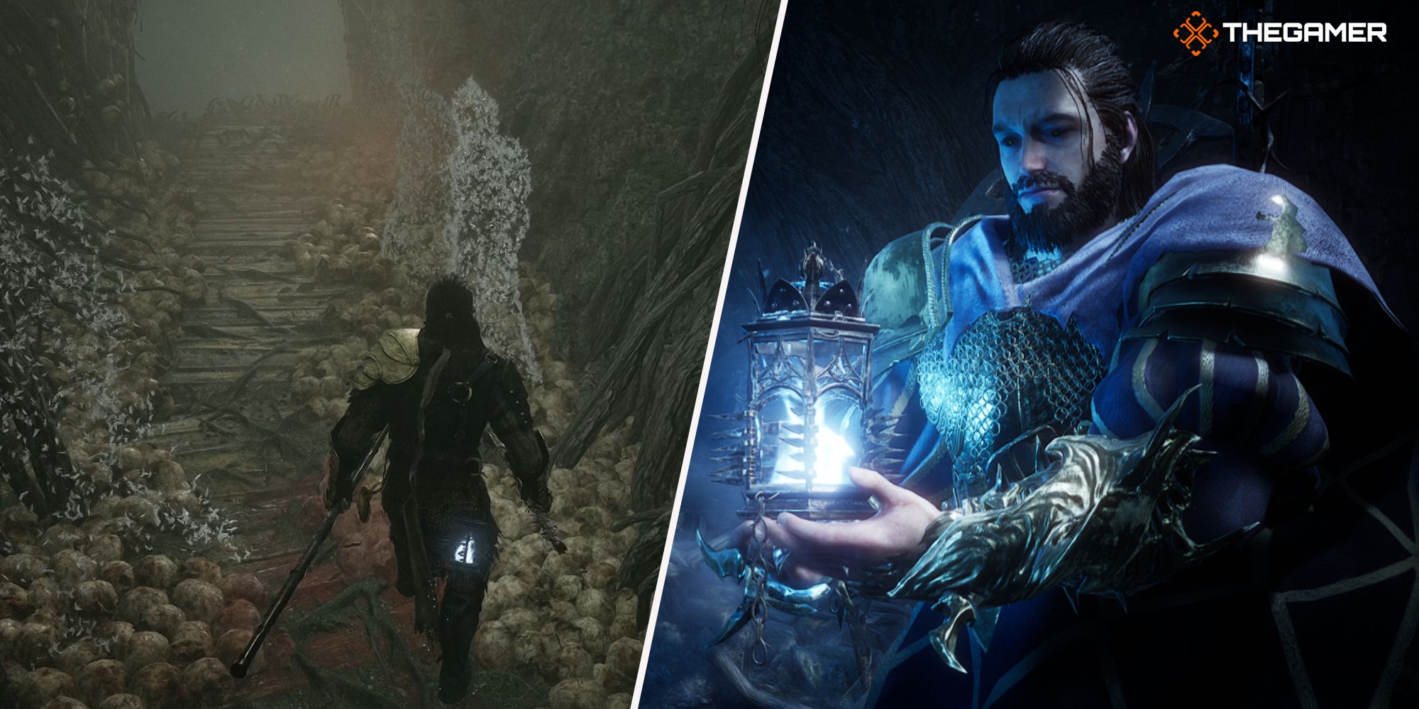 Right: Player holding the Umbral Lamp - Left: Player standing a few NPC summons Lords of the Fallen