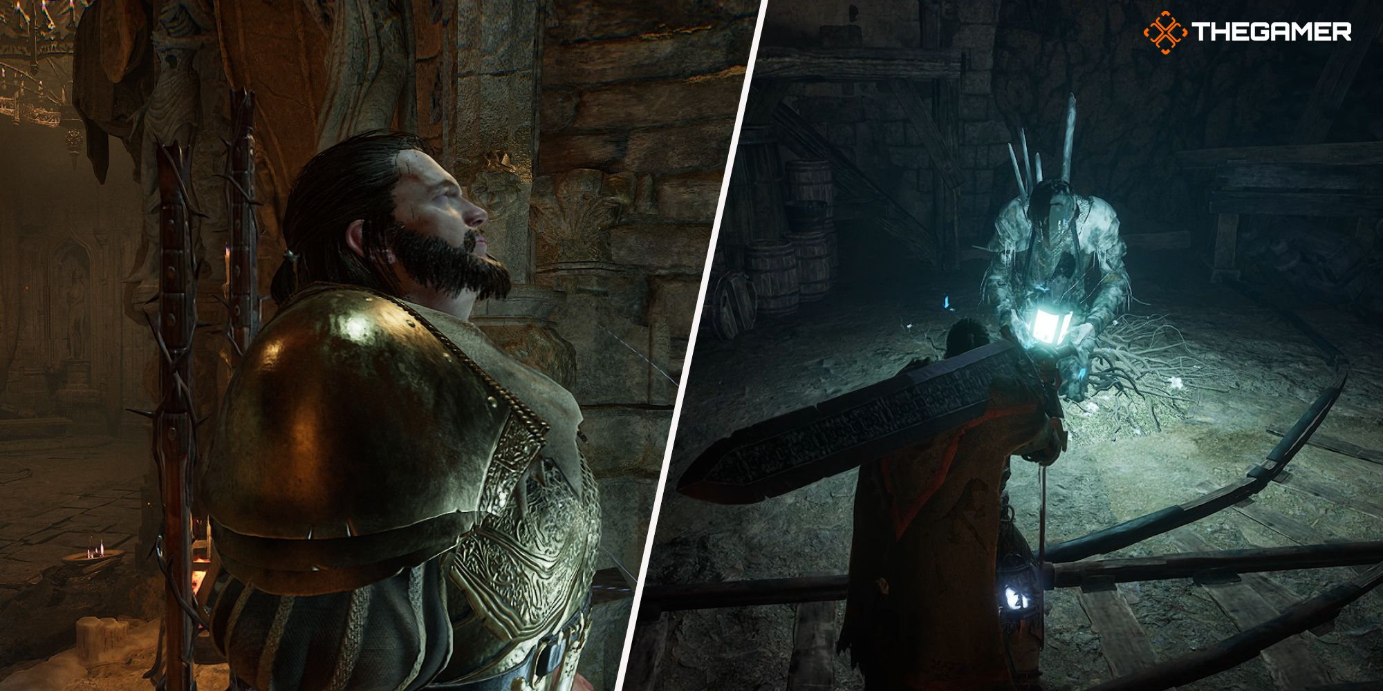 Right: player standing in front of a Vestige - Left: Player standing with his eyes close near a Vestige Lords of the Fallen