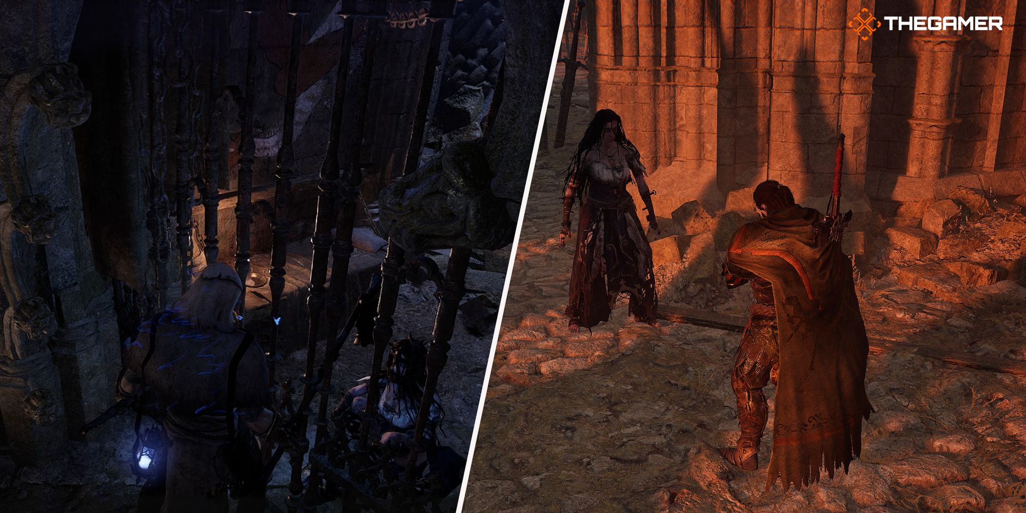 Right: Player standing in front of The Tortured Prisoner at Pieta boss entrance - Left: Player standing in front of The Tortured Prisoner where she is still locked in her cell Lords of the Fallen