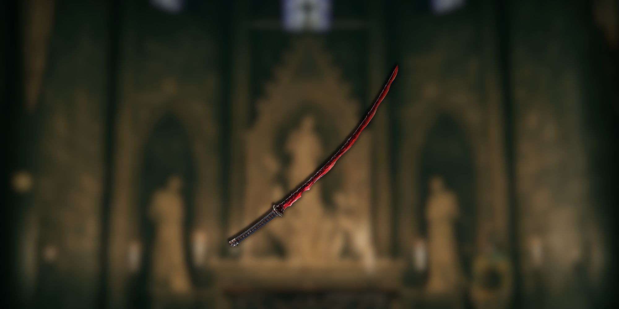 A katana with a crimson-red blade overlayed over a blurred background.