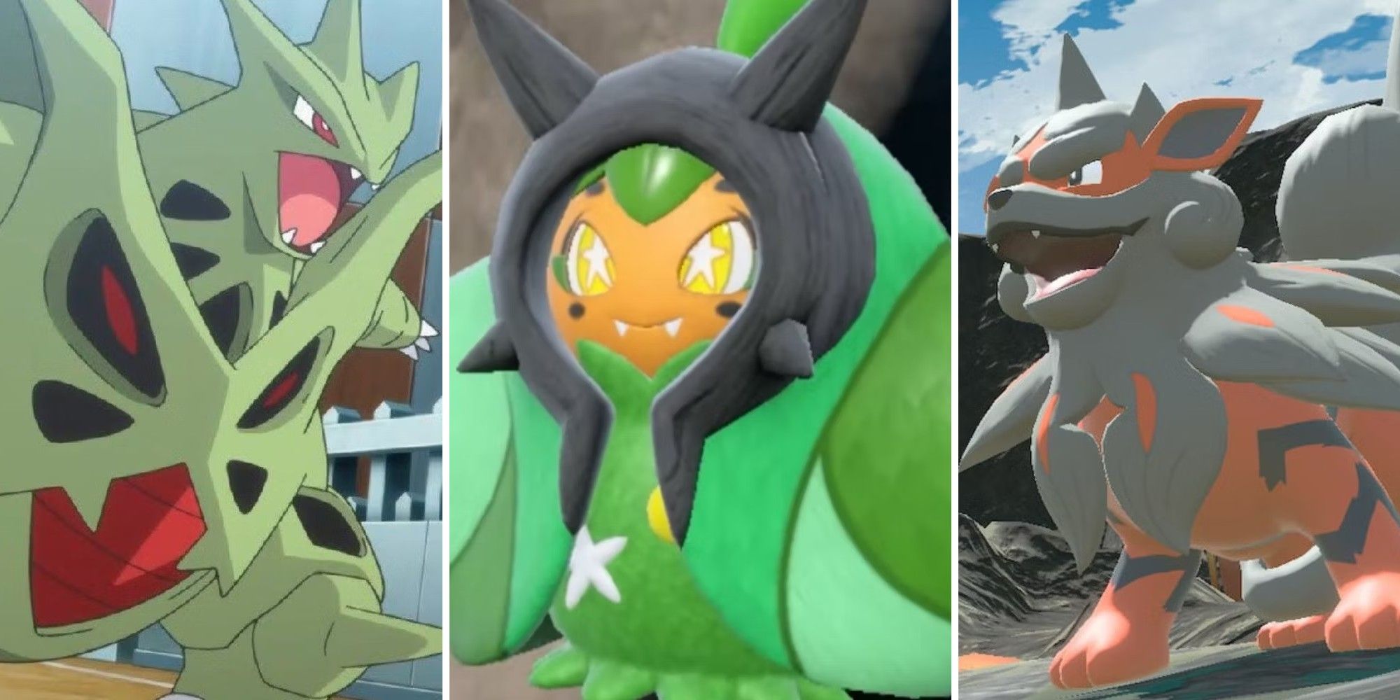 Rock Types Featured Image with Tyrannitar, Ogerpon and Hisuian Growlithe side by side