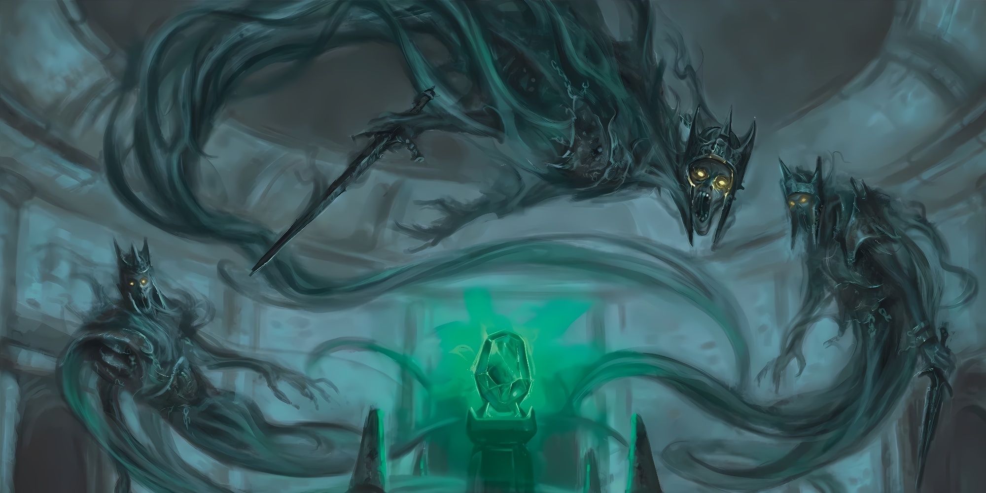 3 wraiths circling within a sanctum with a green crystal at the centre.