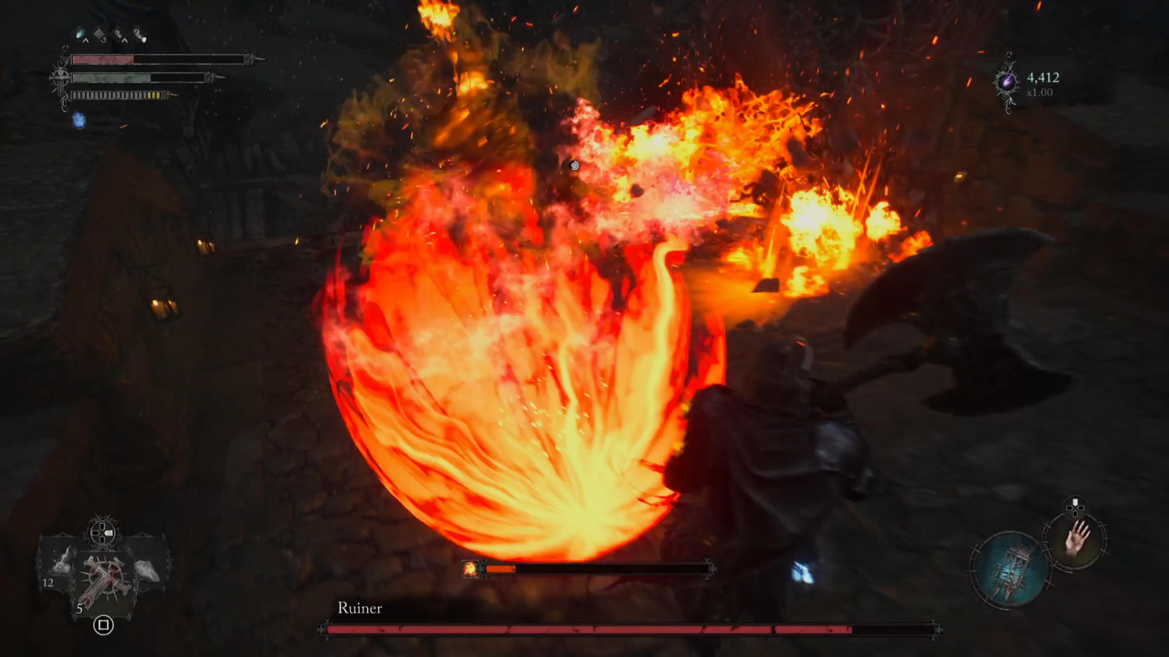 Ruiner boss dealing massive fire damage attack in Lords of the Fallen