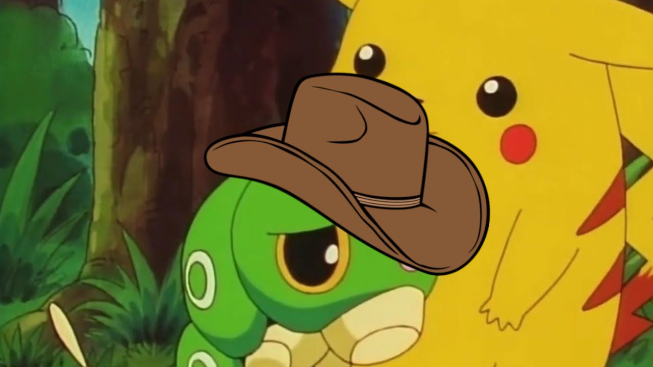sad caterpie with a cowboy hat next to pikachu