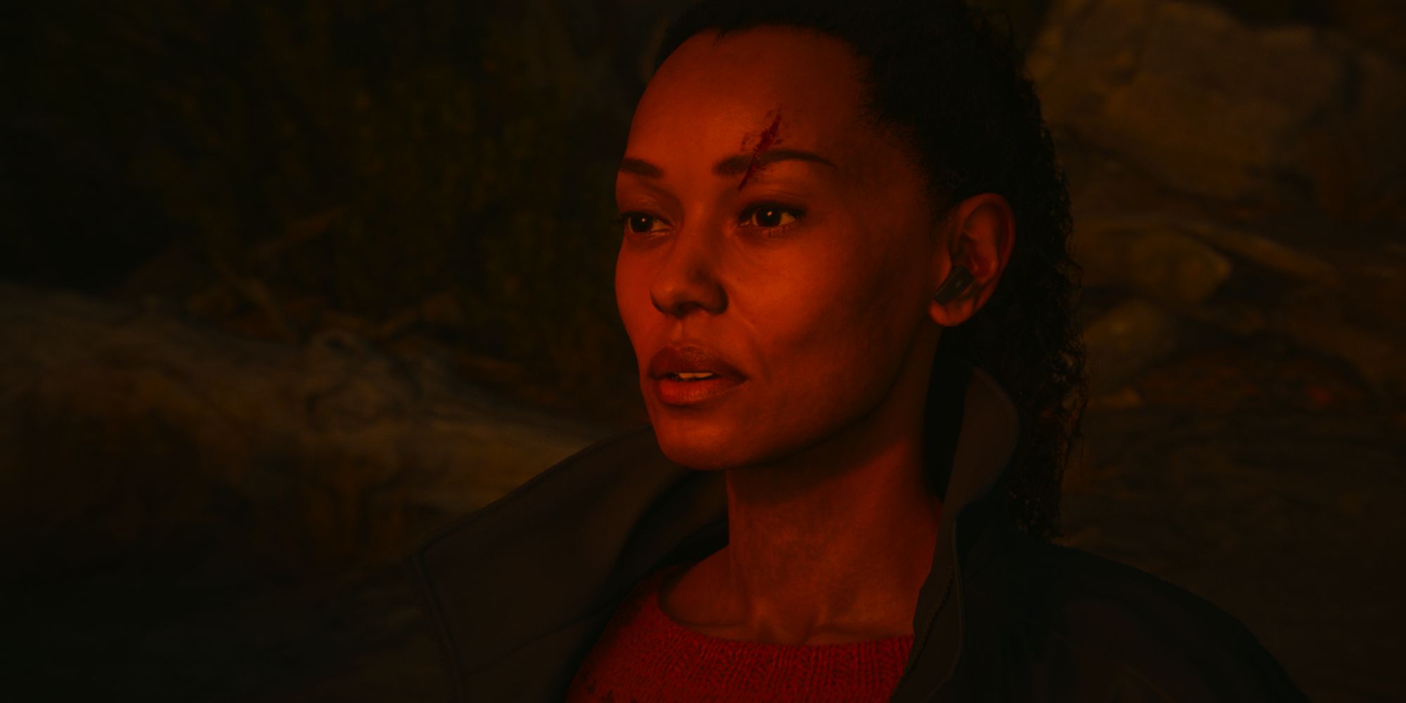 Saga Anderson with a deep cut above her left eye after her fight with Nightingale in Alan Wake 2