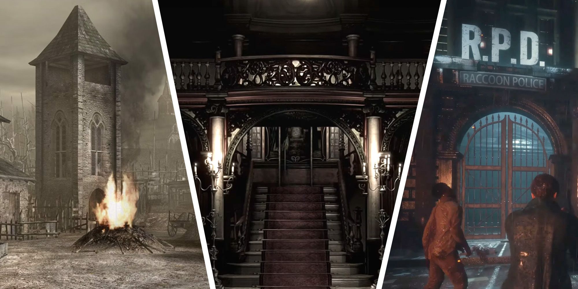 Scariest Locations In The Resident Evil Series - Split image of The Village from Resident Evil 4, Spencer Mansion from Resident Evil, and The Raccoon City Police Department from Resident Evil 2 Remake