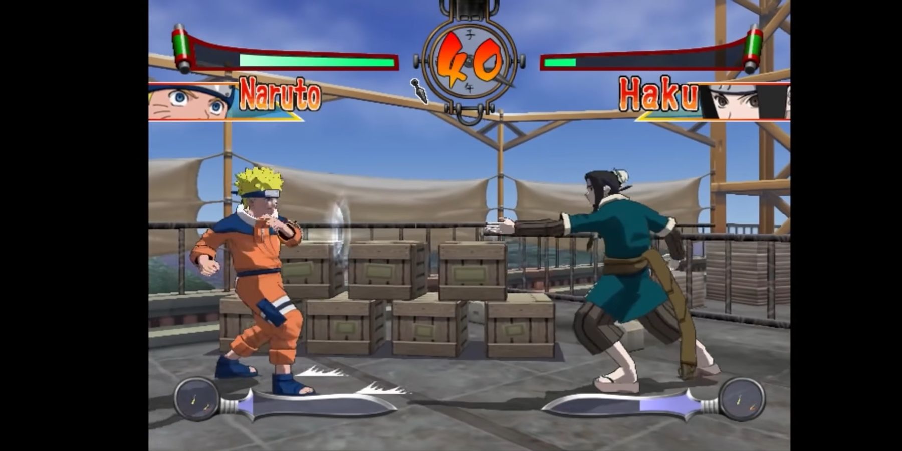 Haku throwing a needle against Naruto, who is blocking.