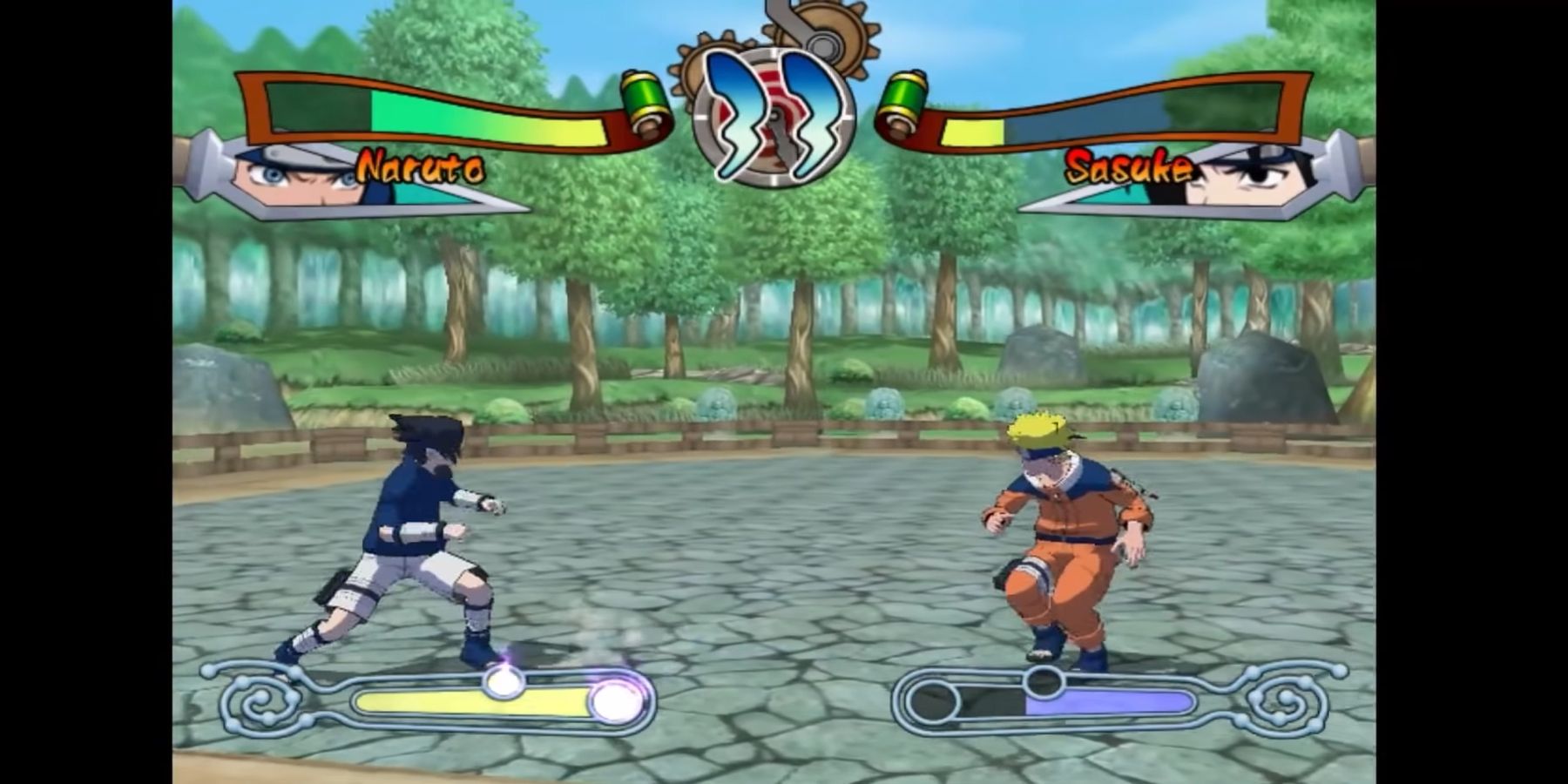 Sasuke moving towards Naruto while the latter is stepping back.