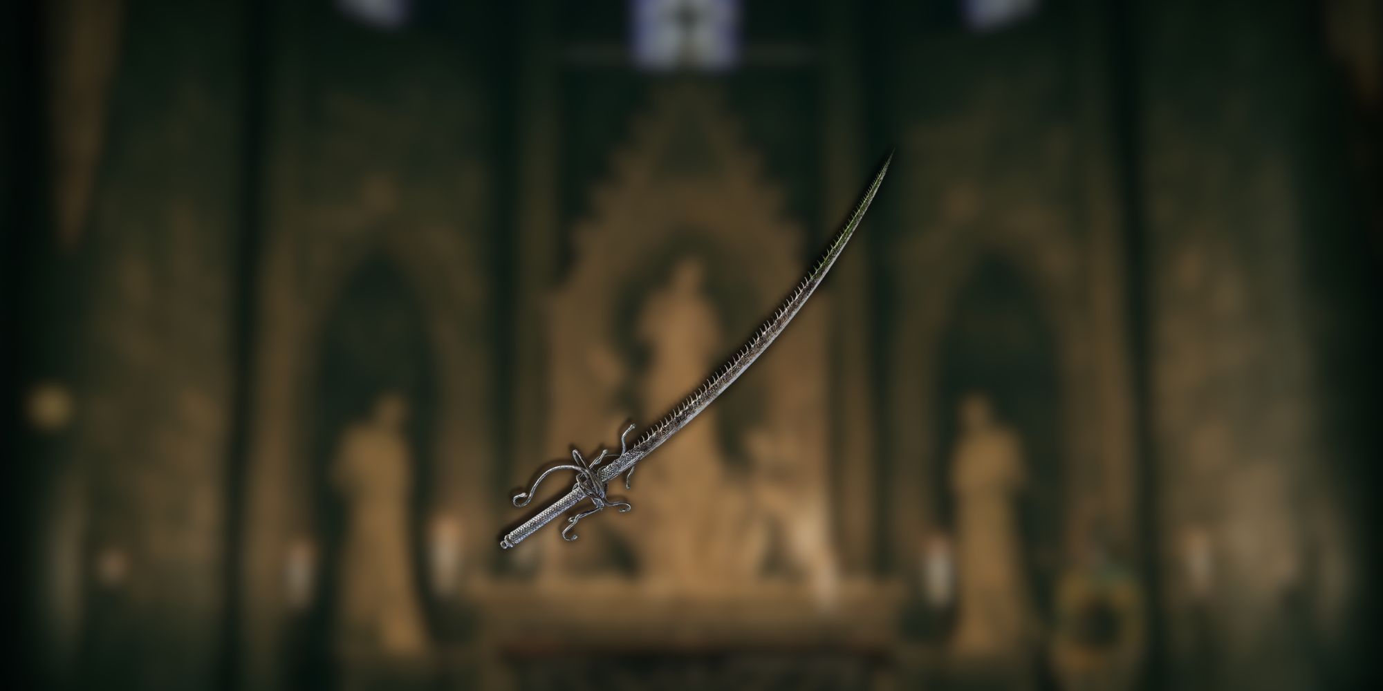 A serrated katana with an ornate handguard overlayed over a blurred background.