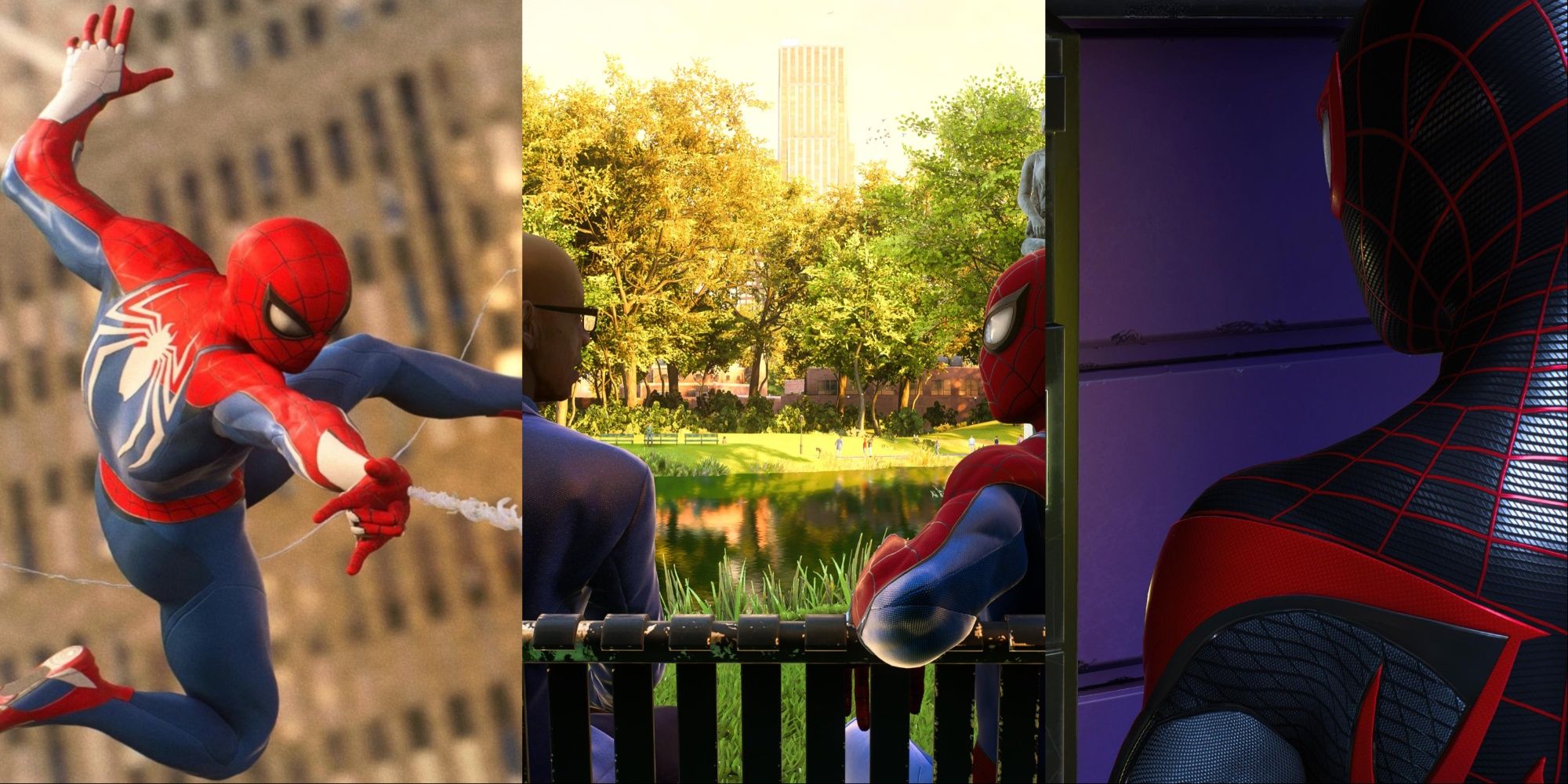 Peter posing for a picture, Earl and Peter talking, and Miles investigating one of Prowler's stashes, in Marvel's Spider-Man 2.