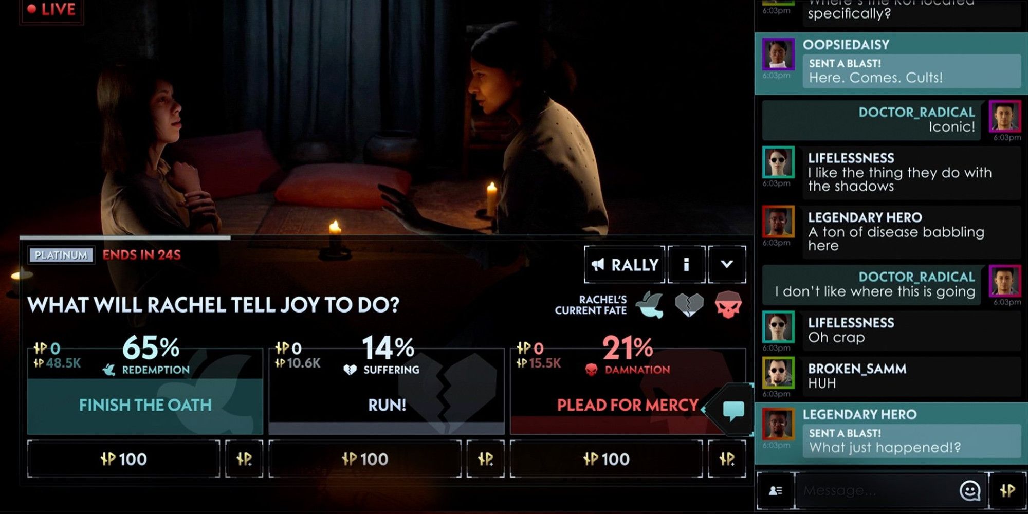 A scene involving two women speaking in a dark room in Silent Hill: Ascension, covered in numbers, voting options, and player messages