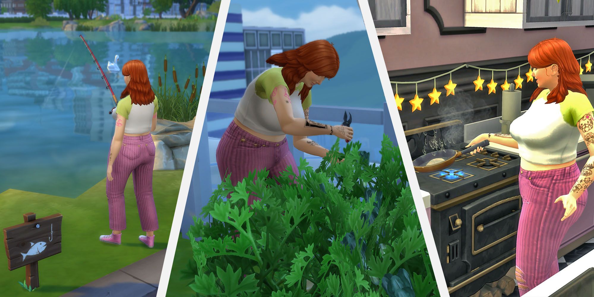 A feminine sim with red hair, a green shirt, and pink pants fishes at a fishing hole, clips plants in their garden, and cooks on the stove.