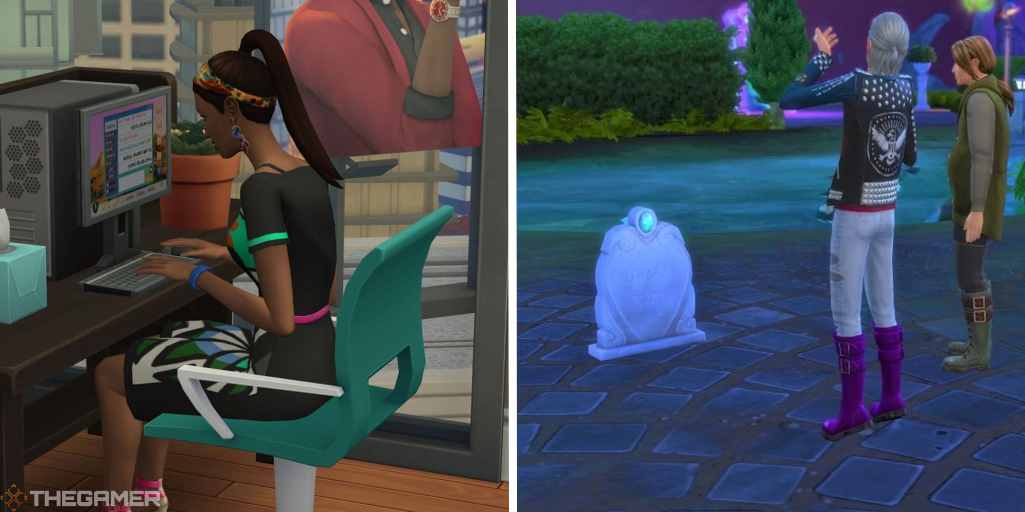 sims 4 book of life featured image showing sim on computer next to two sims at a gravestone