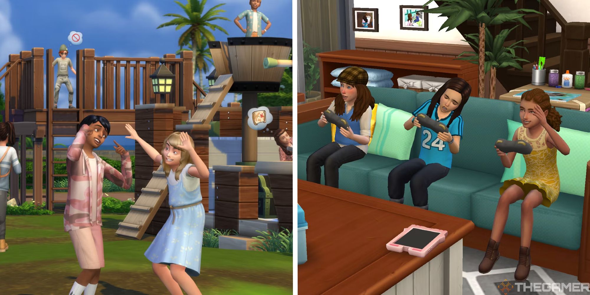 sims 4 split image showing children at playground next to image of children playing video games on a couch