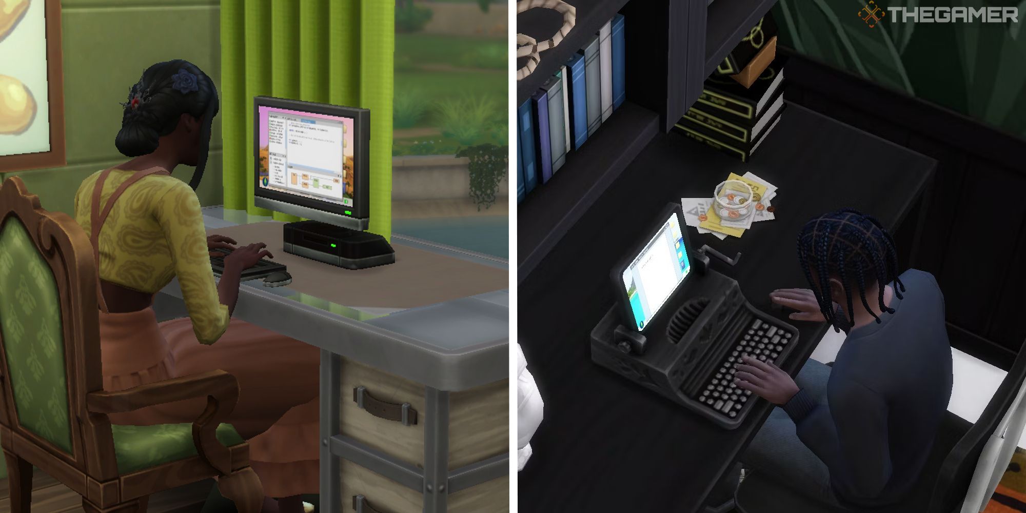 sims 4 split image showing two sims at comptuers