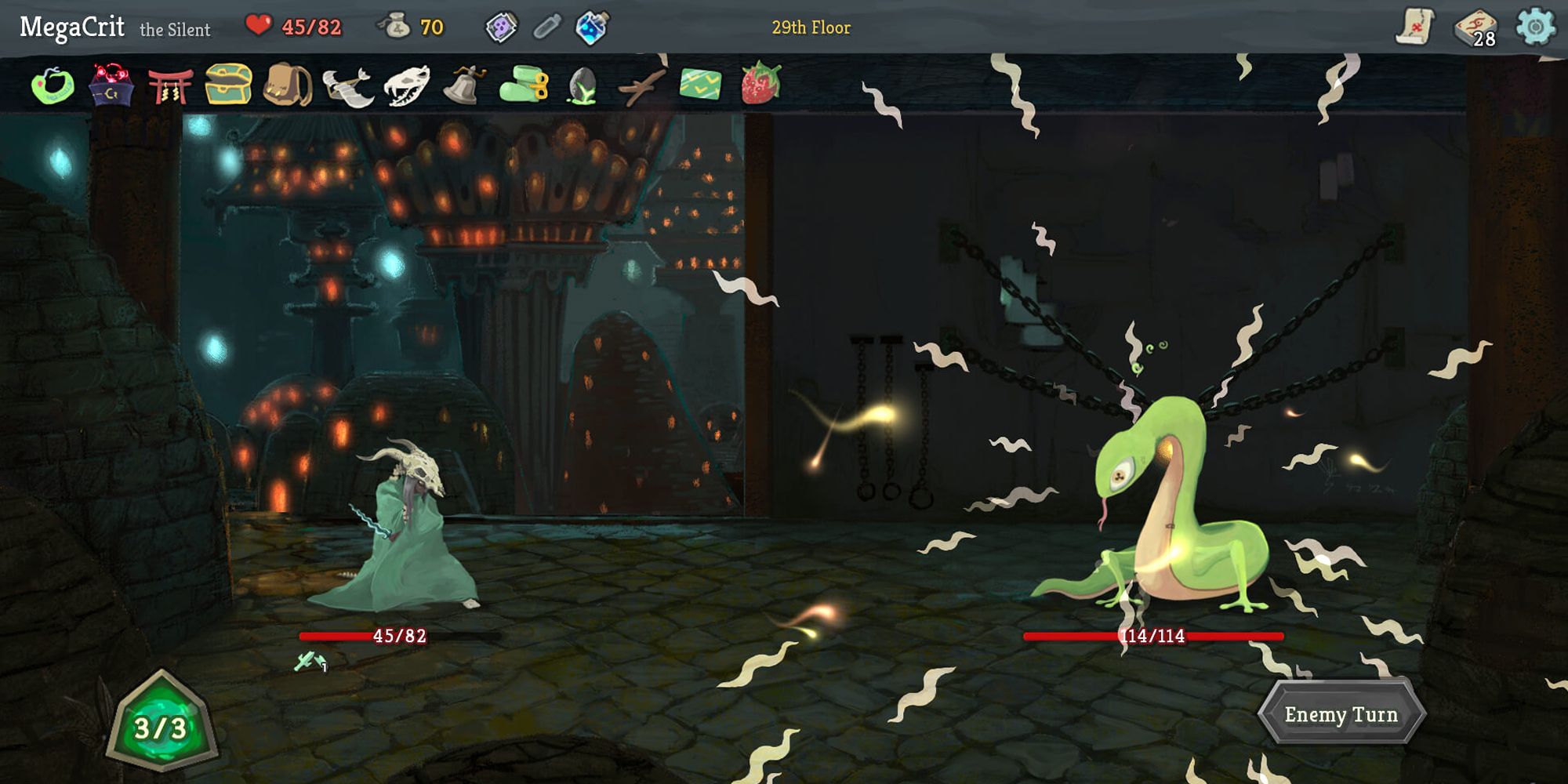 Slay The Spire Steam Hunter با هیولای مار مبارزه می کند