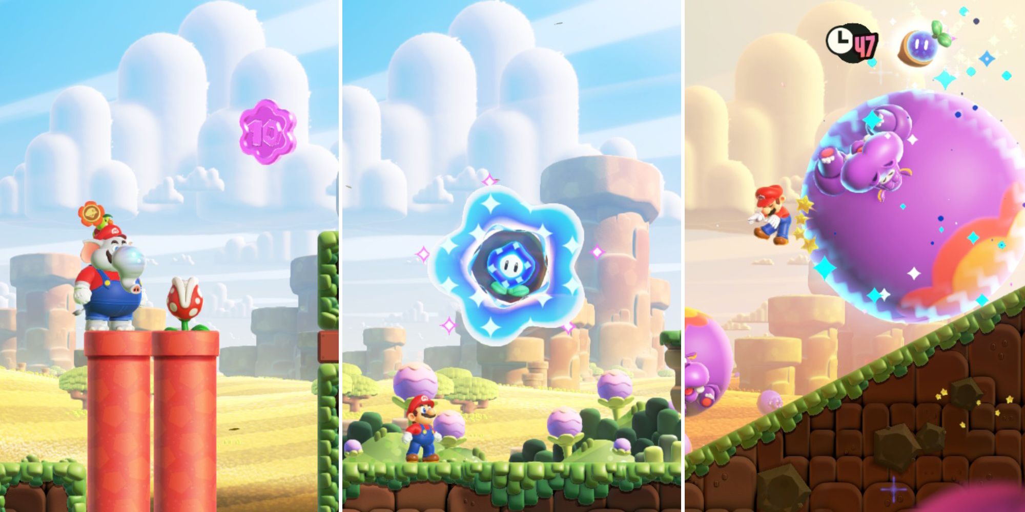 A three-panel image from Super Mario Bros Wonder showing elephant mario with a large purple coin, mario with the wonder flower, and a giant hoppo holding a wonder seed.