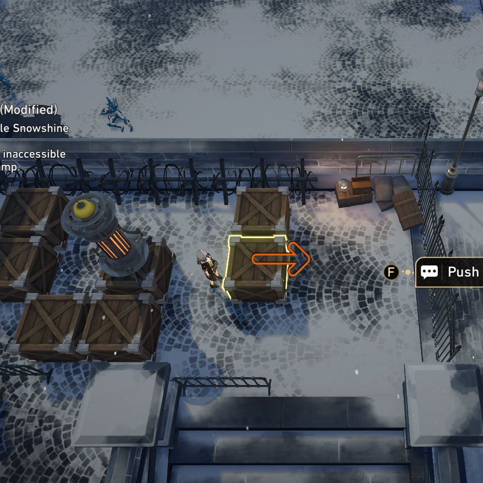 Snowshine Lamp puzzle: the trailblazer stands in front to a crate that is highlighted to show you can push it. An arrow points right to indicate where you want to push.