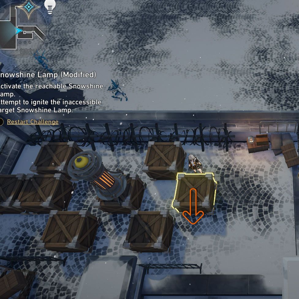 Snowshine Lamp puzzle: a crate is highlighted to show you can push it. There is an arrow pointing down to show where to push it towards.