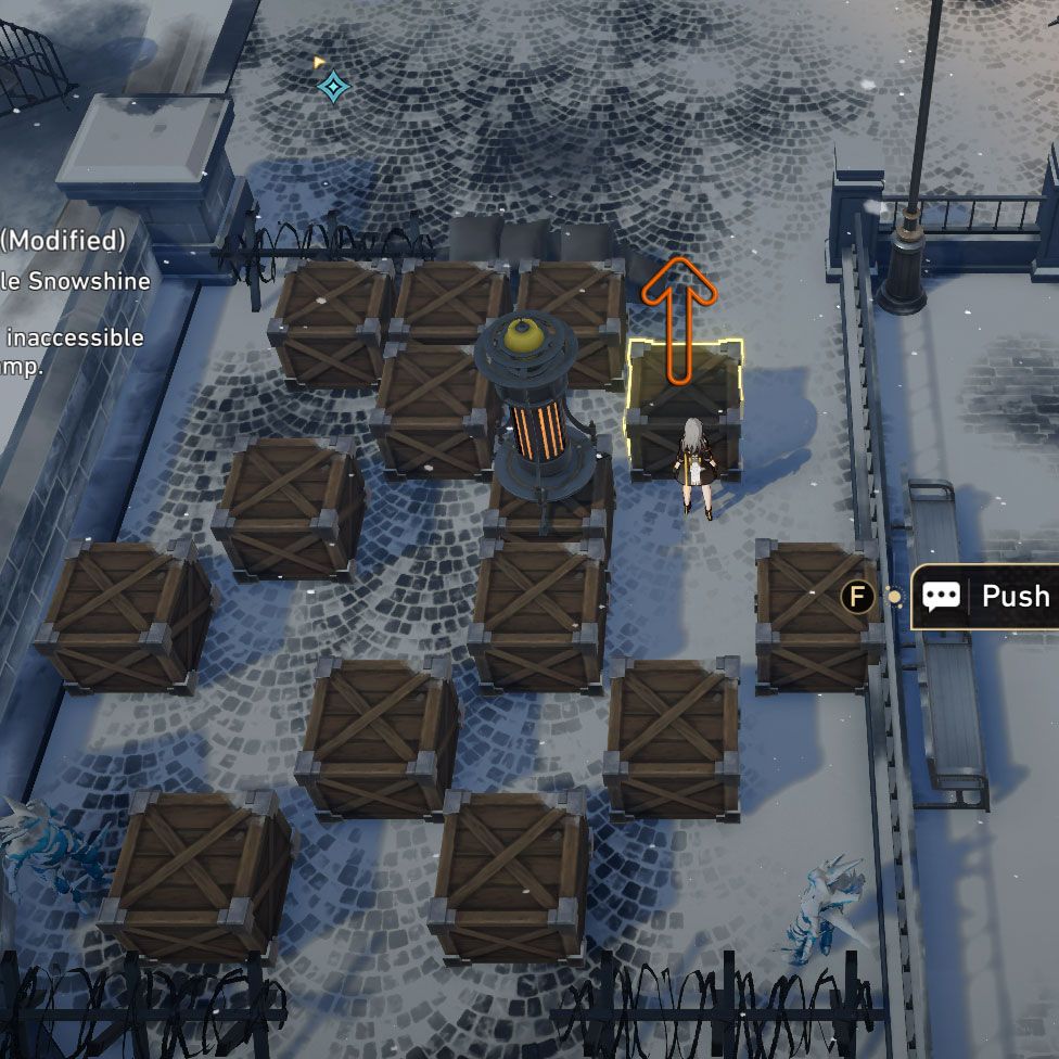 Snowshine Lamp puzzle: a crate is highlighted and an arrow points upward, indicating where to push the crate towards.