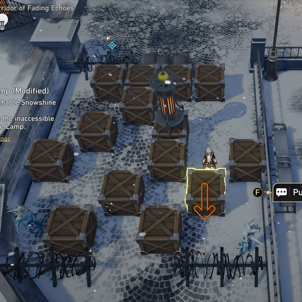 Snowshine Lamp puzzle: a crate is highlighted and an arrow points downward, indicating where to push the crate towards.