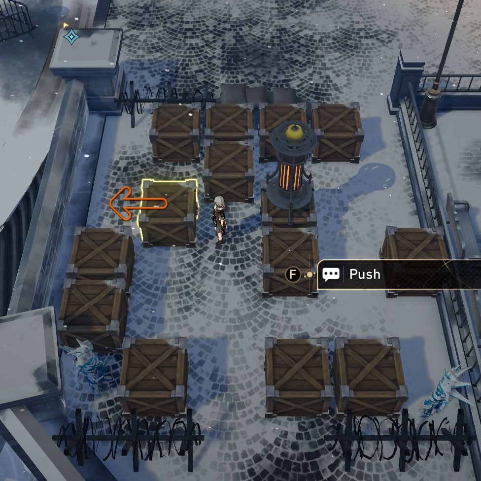 Snowshine Lamp puzzle: a crate is highlighted and an arrow points left, indicating where to push the crate towards.