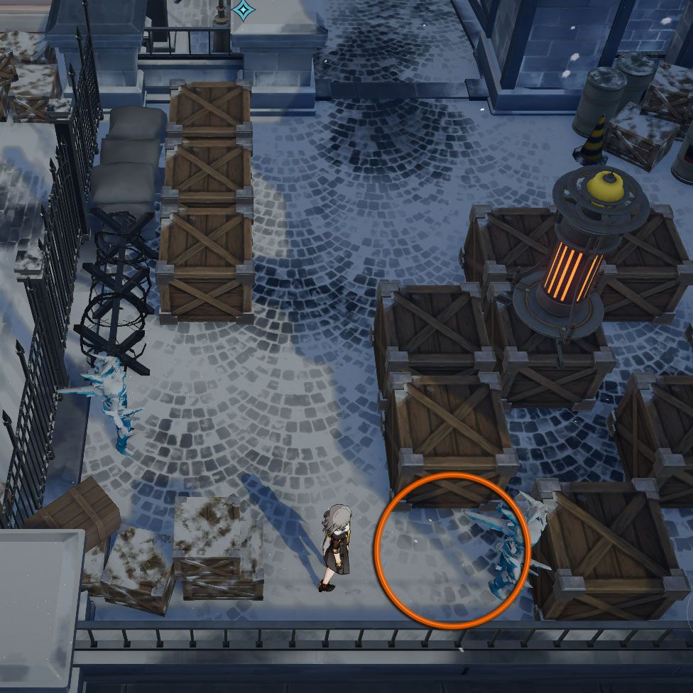 Snowshine Lamp Puzzle: the image shows the location where you will find the Basic Chest marked with a circle, thorugh there is no chest here, as it has already been claimed