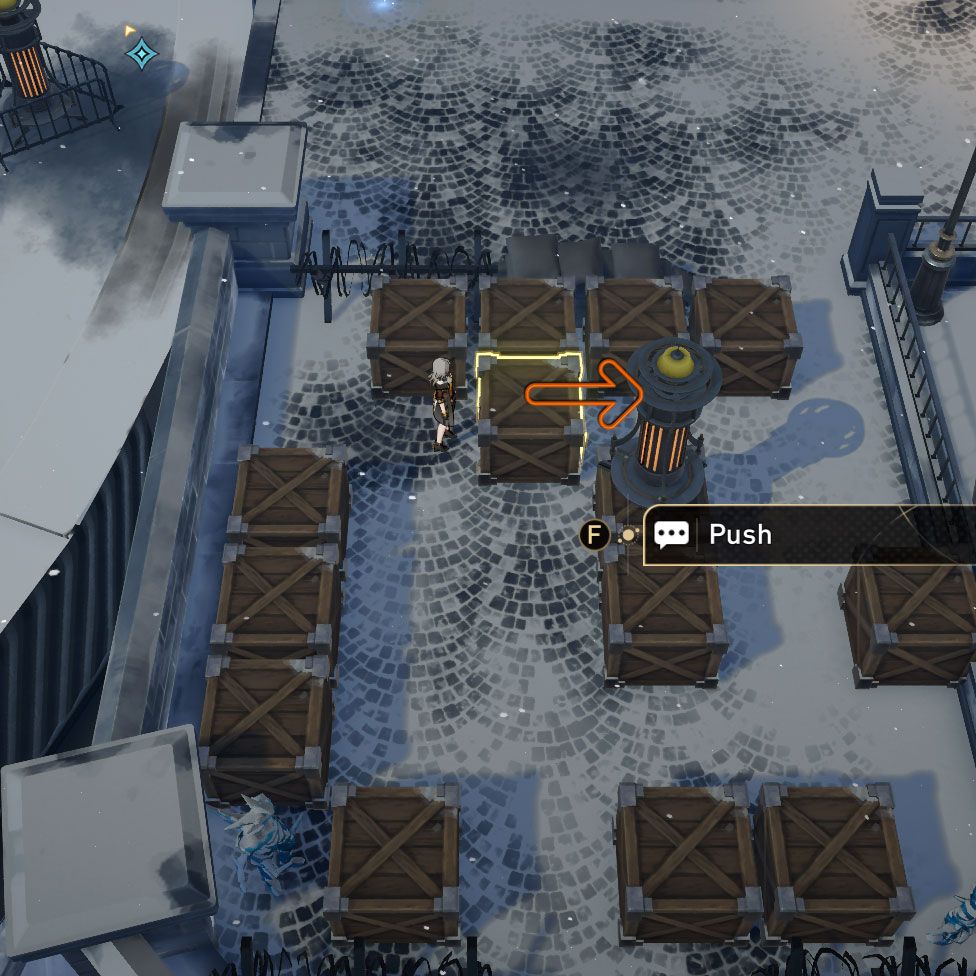 Snowshine Lamp puzzle: a crate is highlighted and an arrow points right, indicating where to push the crate towards.
