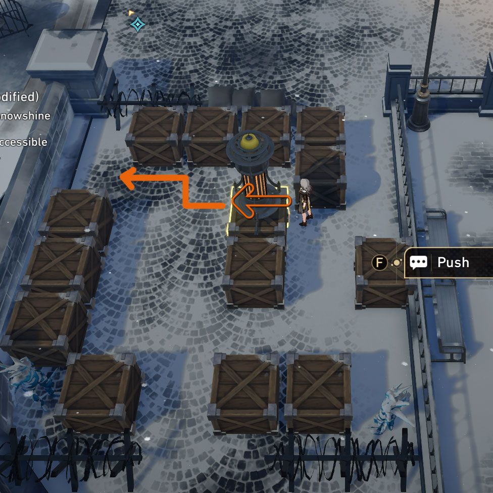 Snowshine Lamp puzzle: a crate is highlighted and an arrow points left towards another arrow, which in turn traces a path indicating where to push the crate towards.