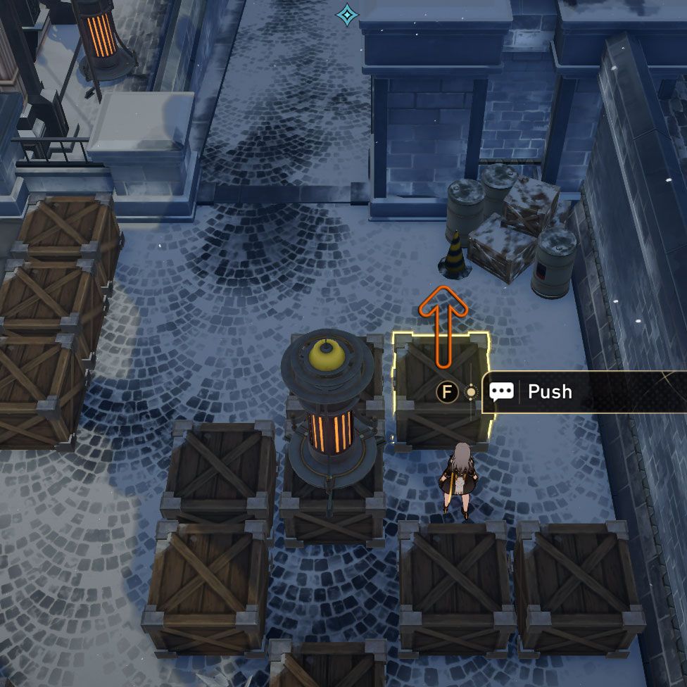 Snowshine Lamp puzzle: a crate is highlighted and an arrow points upward, indicating where to push the crate towards.
