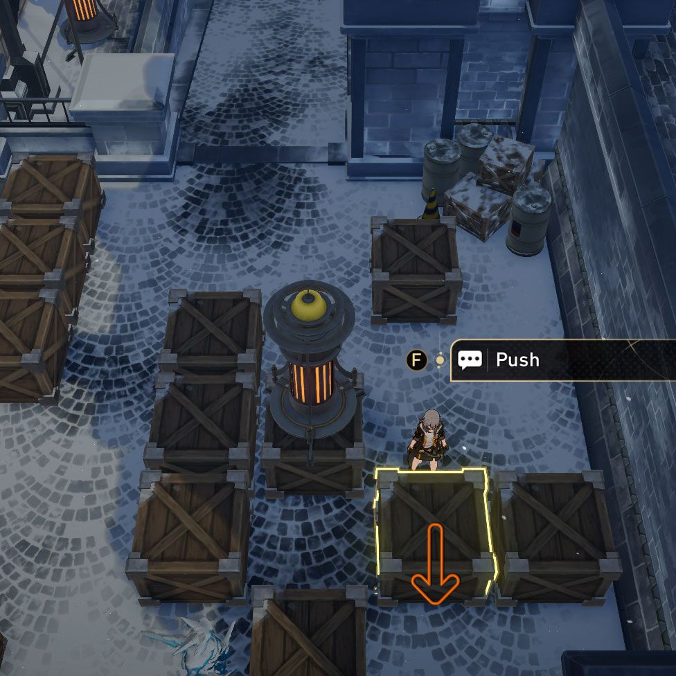 Snowshine lamp puzzle: the image shows a crate as it is highlighted and can be pushed, along with an arrow pointing back to indicate where to push the crate.