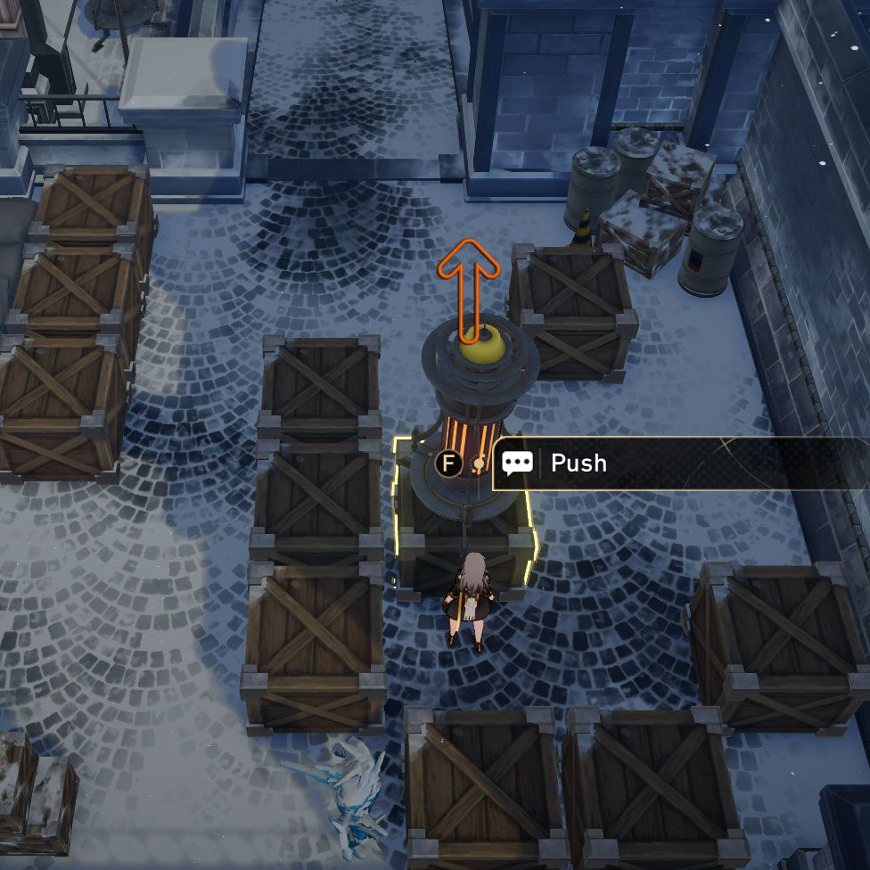 Snowshine lamp puzzle: the image shows the crate the lamp is on as it is highlighted and can be pushed, along with an arrow pointing forward to indicate where to push the crate.