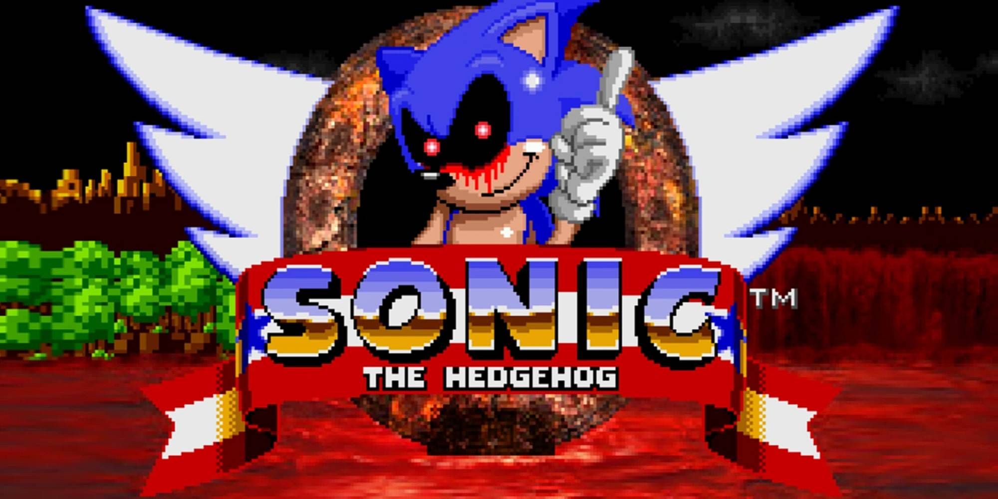 Sonic the Hedgehog menu with a Sonic with bloody eyes