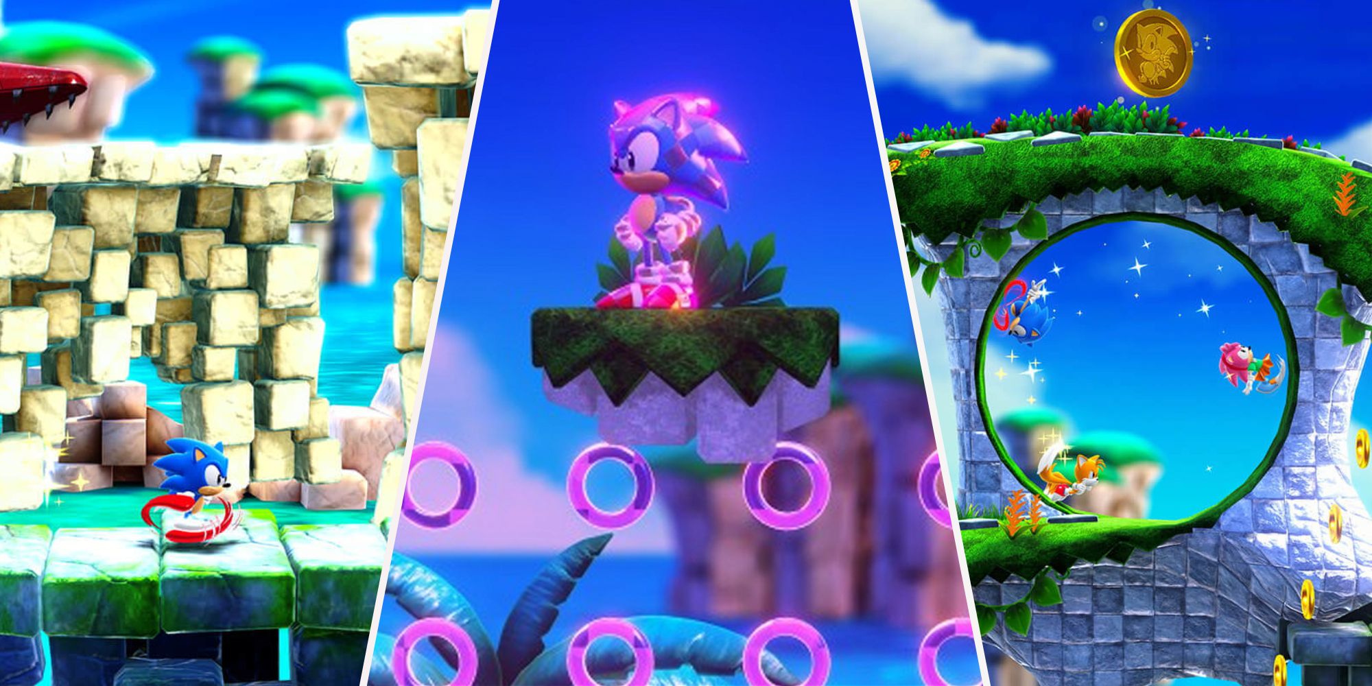 A collage of images showcasing Sonic, Tails, and Amy traversing many Stages and using Chaos Emerald Abilities in Sonic Superstars