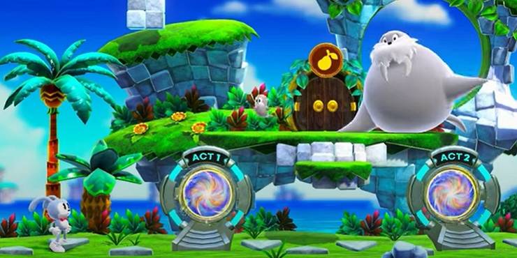 Sonic Superstars Sonic wearing rabbit skin during gameplay in a background with trees and sky