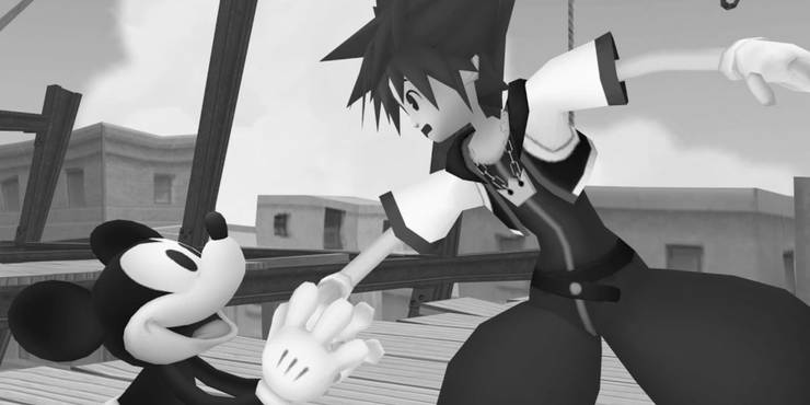 Sora shaking Mickey's hand in Timeless River in Kingdom Hearts 2