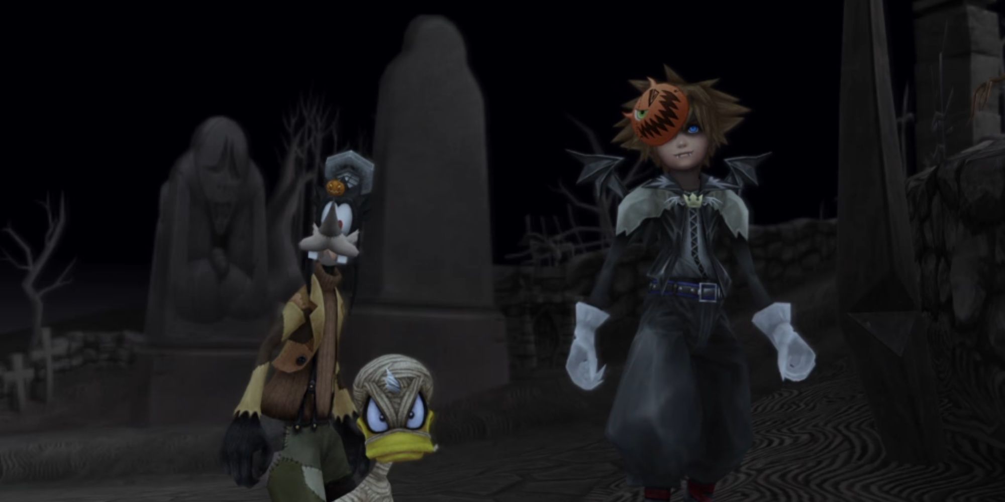 Sora with Donald and Goofy in Halloween Town in Kingdom Hearts