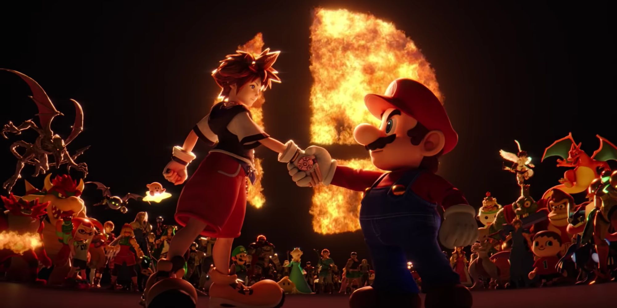 Sora shaking Mario's hand in front of the Super Smash Bros. logo.
