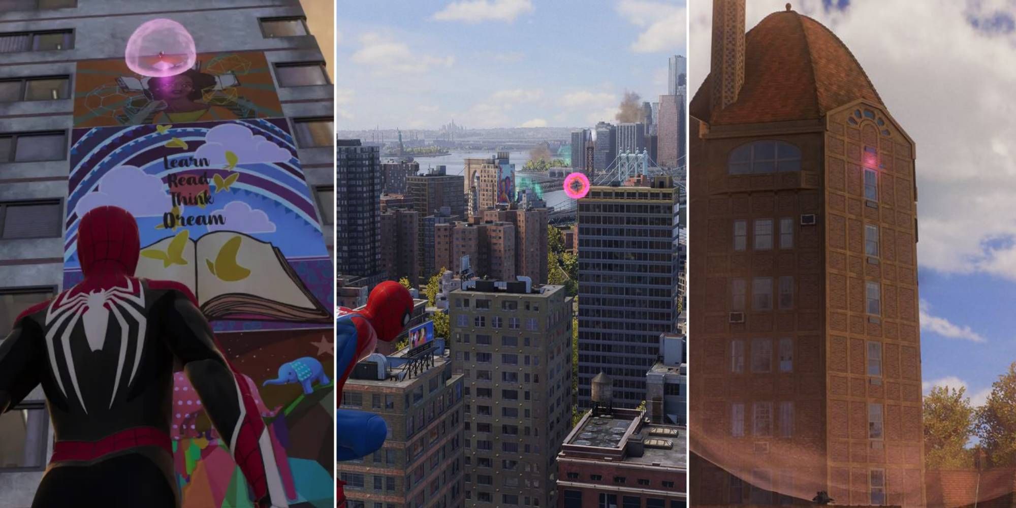 Spider-Man spots a Spider-Bot on a sign, one floating in the air, and one on the window of a cylindrical building in Spider-Man 2.