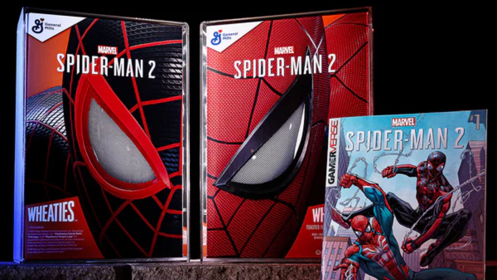 Spider-Man 2 Wheaties cereal boxes with Miles Morales and Peter Parker on the covers, alongside book with the two characters on the front as well