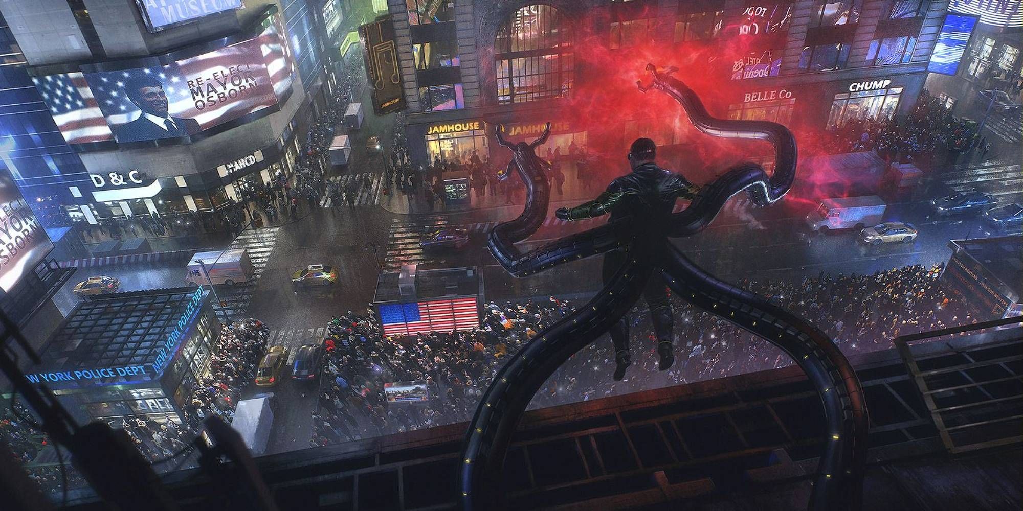 Dr. Octopus blickt in Spider Man von einem Dach auf eine Menschenmenge herab