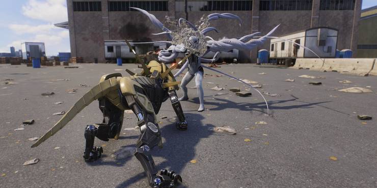 Spider-Man parries a robotic hunter dog with Anti-Venom in Spider-Man 2.