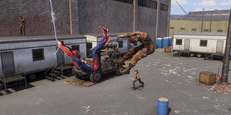 Spider-Man swing kicks and airborne hunter enemy in Spider-Man 2.