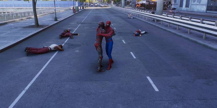 Miles and Peter hug in the street after defeating a group of enemies in Spider-Man 2.
