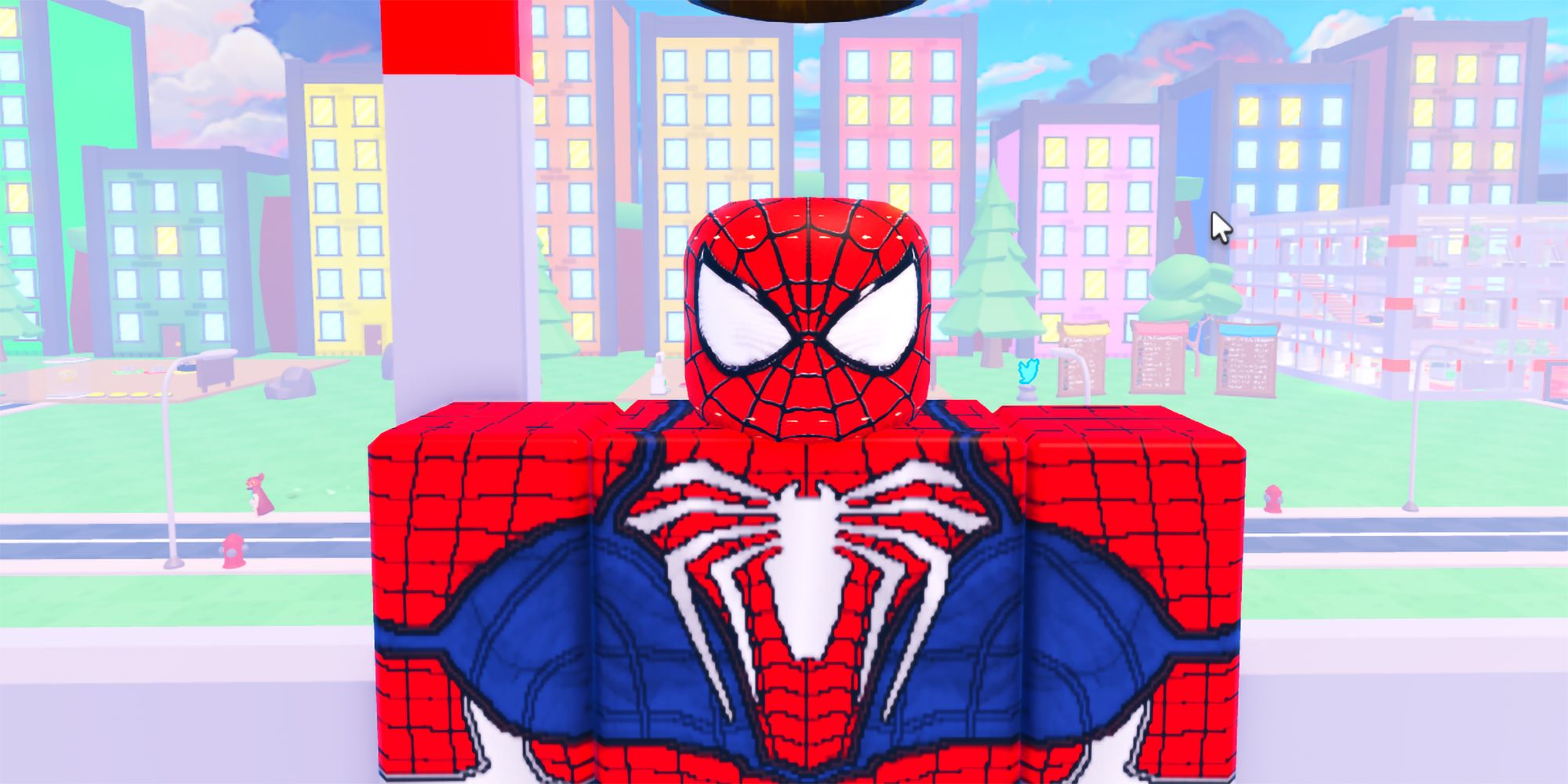 Spiderman stands at the top of his Tycoon tower in the Roblox game Hero Power Tycoon.